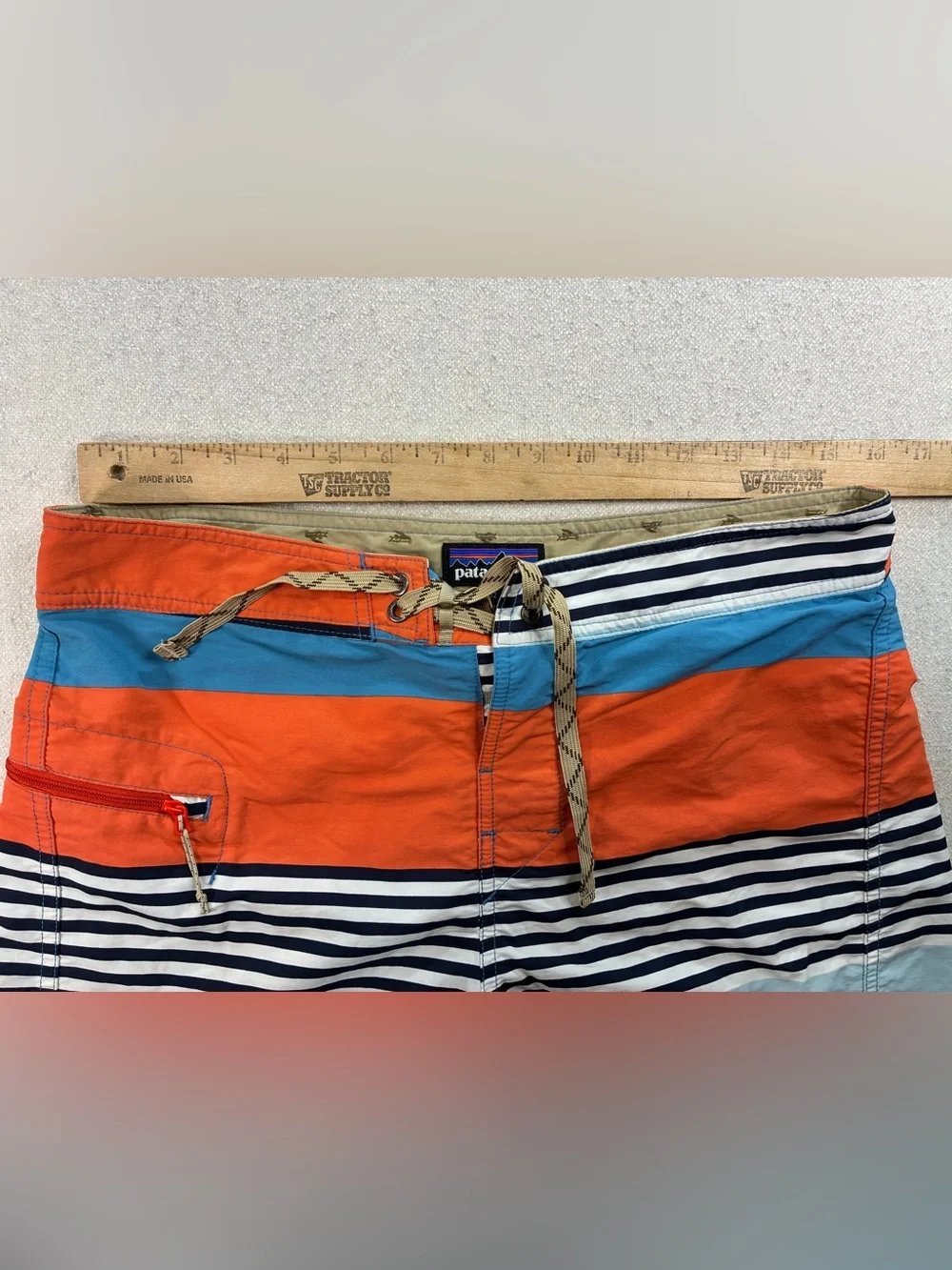 Patagonia Men’s Board Shorts Size 32 Orange Blue Striped Surf Swim Trunks